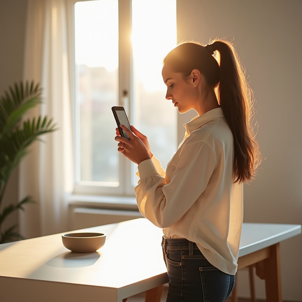 Antreprenoare fotografiind produse cu telefonul pe fundal alb