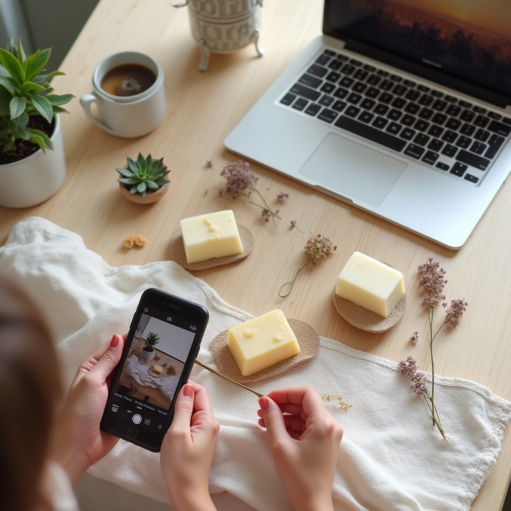 Masă de lucru cu produse aranjate pentru shooting și laptop cu aplicație de editare deschisă