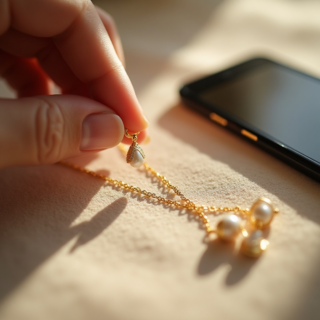 Bijuterii delicate fotografiate pe fundal texturat, telefonul vizibil în cadru